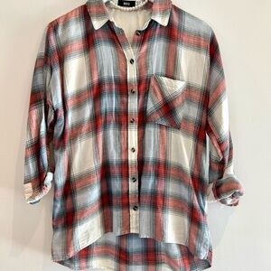 Plaid Button Down Shirt Relaxed Fit Lace Back Detail | XS BDG